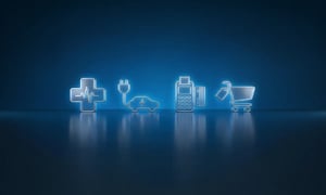 Icons of healthcare, EV charging, POS terminal, and retail shopping cart