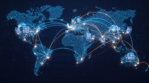 Global IoT routing architecture showing distributed network breakout paths across regions