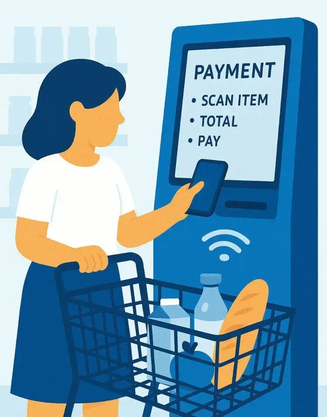 Woman at a self-checkout kiosk using her phone to pay, with groceries in a cart and digital signage displaying payment steps.