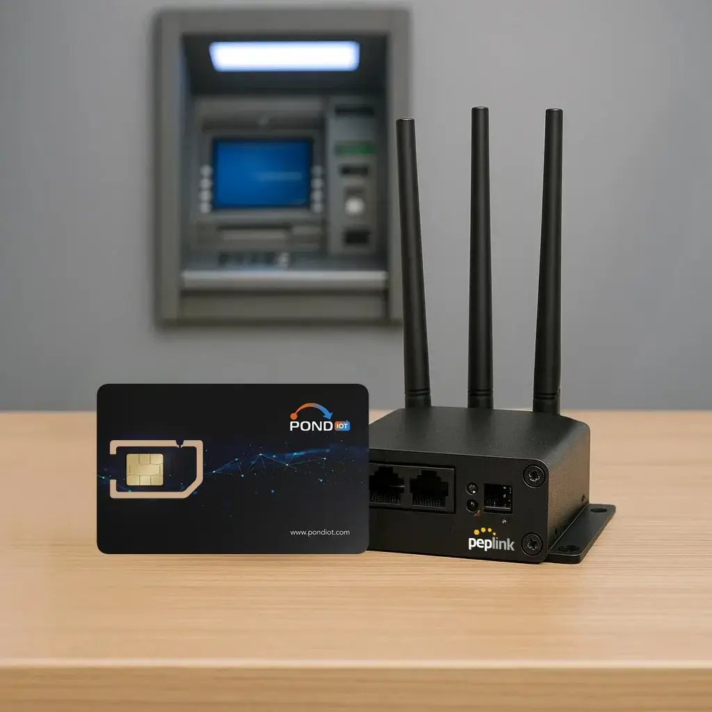 POND IoT SIM card and Peplink router in front of ATM. POND IoT SIM card and Peplink router in front of ATM.