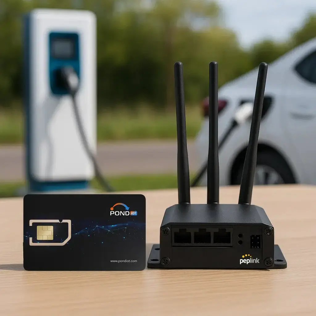 POND IoT SIM card and Peplink router in front of EV charging.
