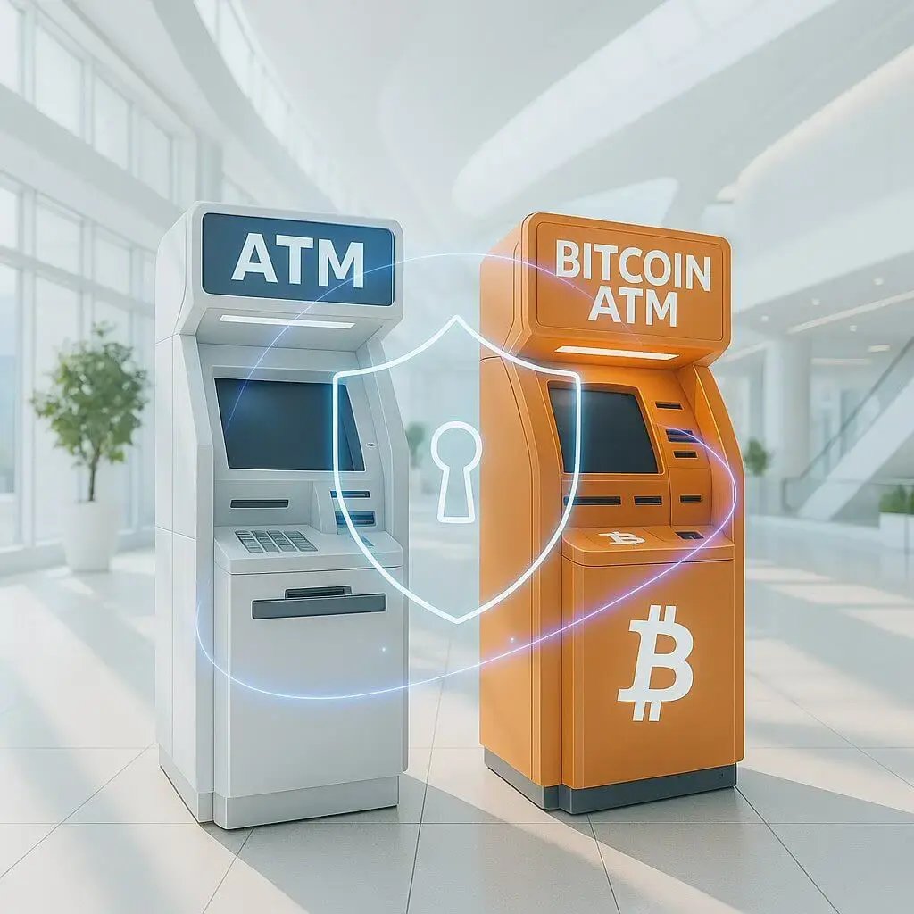 ATM and Bitcoin ATM in a bright lobby with a glowing security shield overlay.
