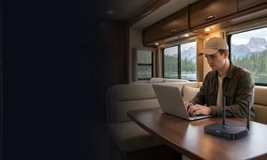 Professional using 5G/LTE internet while working from an RV