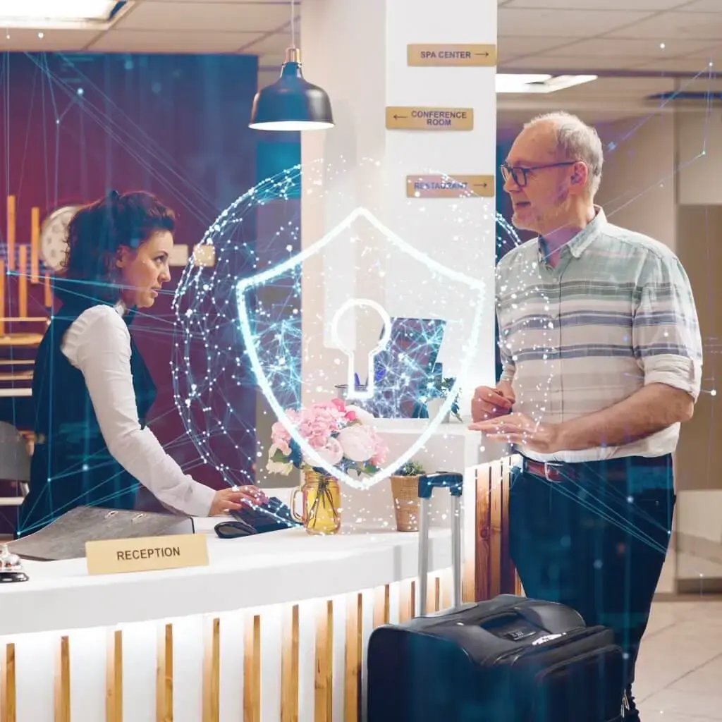 A man is talking to a receptionist