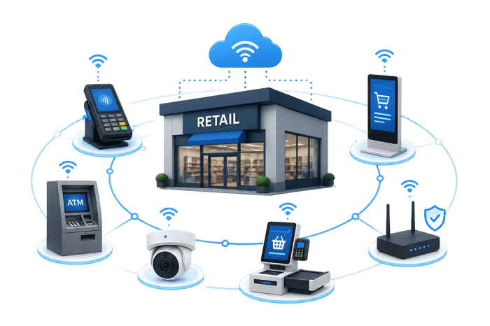 Retail store connected to POS, ATM, kiosk, security camera, and router