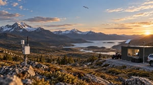 Remote sensor and satellite broadband site in a mountain landscape