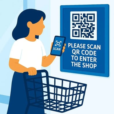 Woman holding a phone in front of a digital sign that says “Please scan QR code to enter the shop".