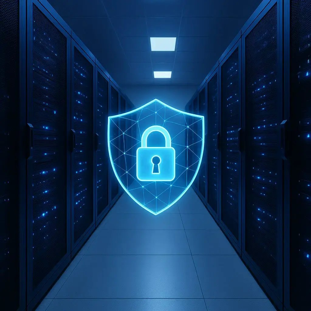 Secure modern server room with glowing digital shield symbolizing reliable business connectivity and data protection. Secure modern server room with glowing digital shield symbolizing reliable business connectivity and data protection.