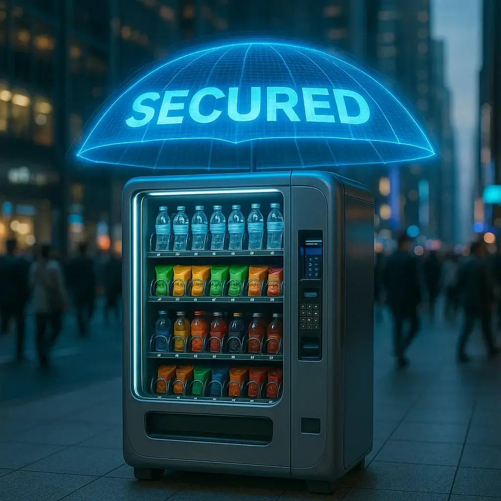 Vending machine with digital secured umbrella in busy city.