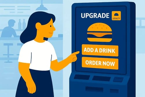 Person ordering at a self-service kiosk in a fast food restaurant.