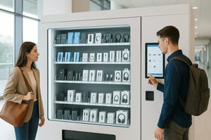 Modern smart vending machine in an airport, offering electronic accessories like chargers and headphones with a man using touchscreen.