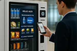 Person using a smart vending machine with a touchscreen displaying personalized recommendations.