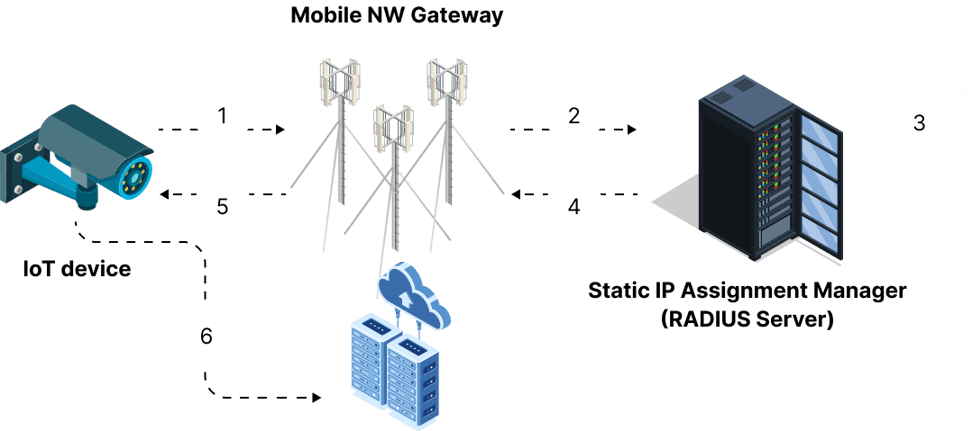 Static IP assignment flow for IoT device via mobile gateway.