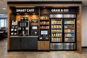 Unattended retail setup with smart fridge and self-service coffee kiosk