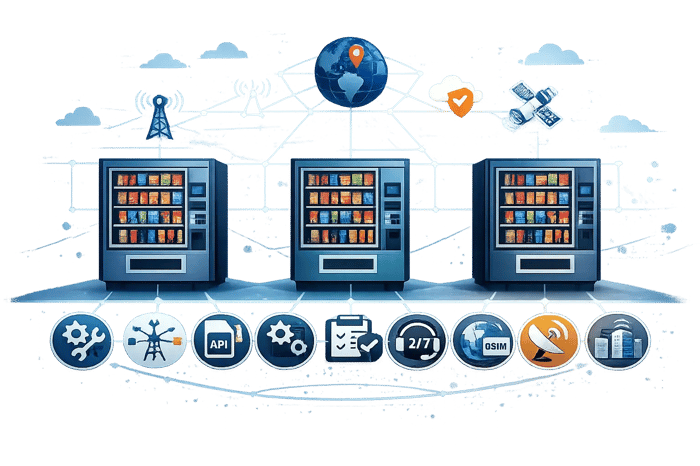 Connected vending machines with cellular networks, APIs, monitoring, and support