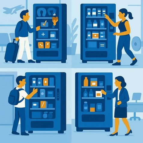 Illustration of smart vending machines in an airport, gym, school, and office, showing everyday use cases.