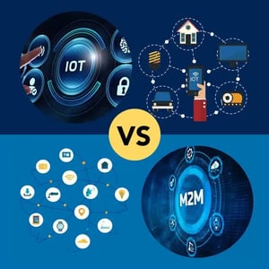 M2M vs IoT technologies with icons illustrating their applications