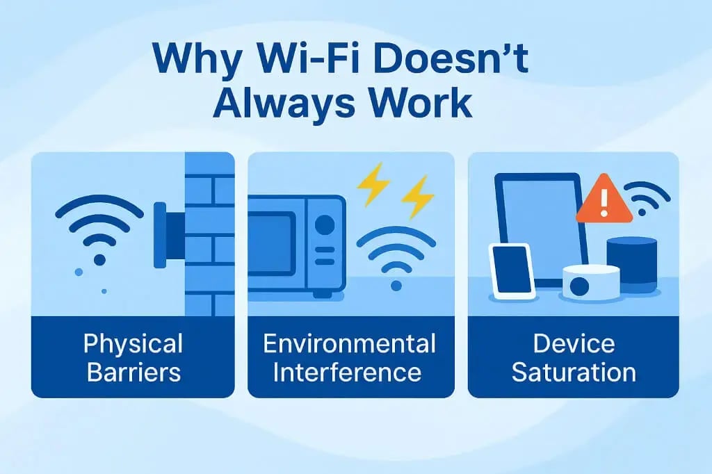 Three reasons Wi-Fi fails: barriers, interference, and device overload.