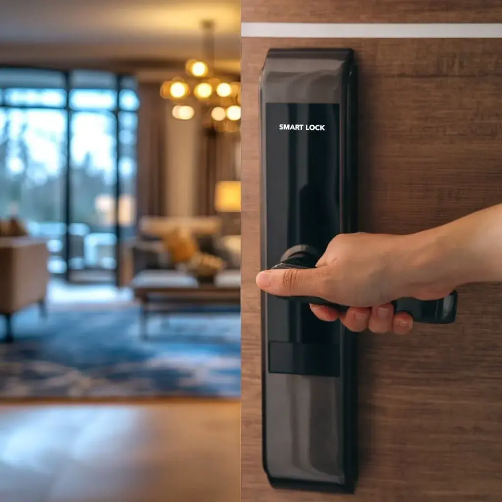 A client opens hotel room's door with a smart lock A client opens hotel room's door with a smart lock
