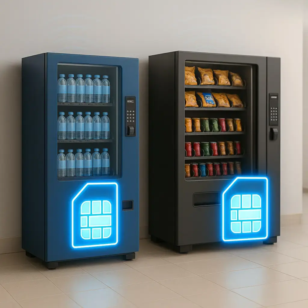 Two vending machines with glowing blue SIM card icons symbolizing custom connectivity. Two vending machines with glowing blue SIM card icons symbolizing custom connectivity.